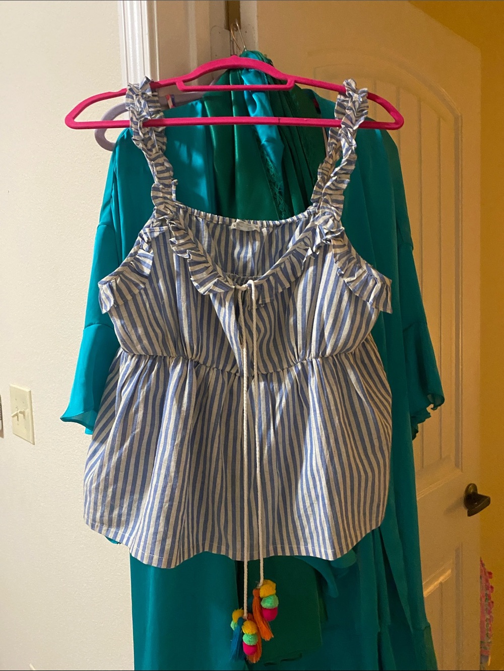 VENUS Blue & White Striped Ruffle-Shoulder Camisole with Tassel Tie